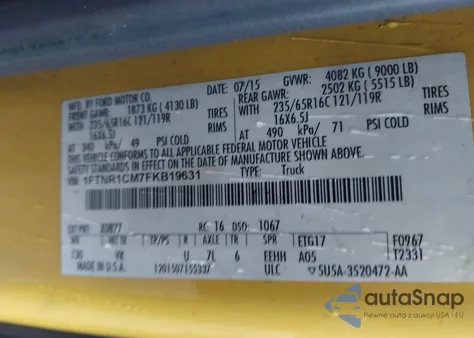 2015 Ford Transit-250 z USA, uszkodzony, nr VIN 1FTNR1CM7FKB19631